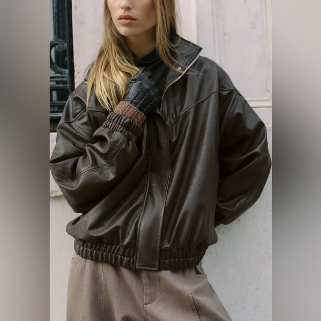 Zara Khaki Faux Leather High Collar Zip Bomber Jacket